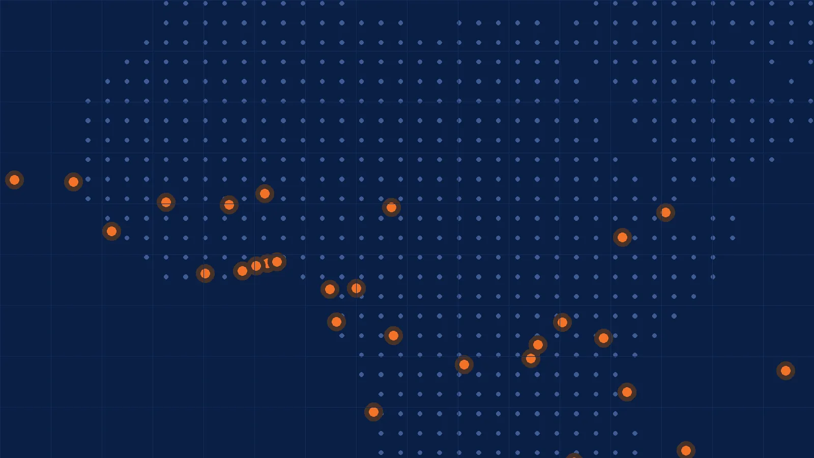 Carte en points de l’Afrique de l’Est sur fond de grille bleue