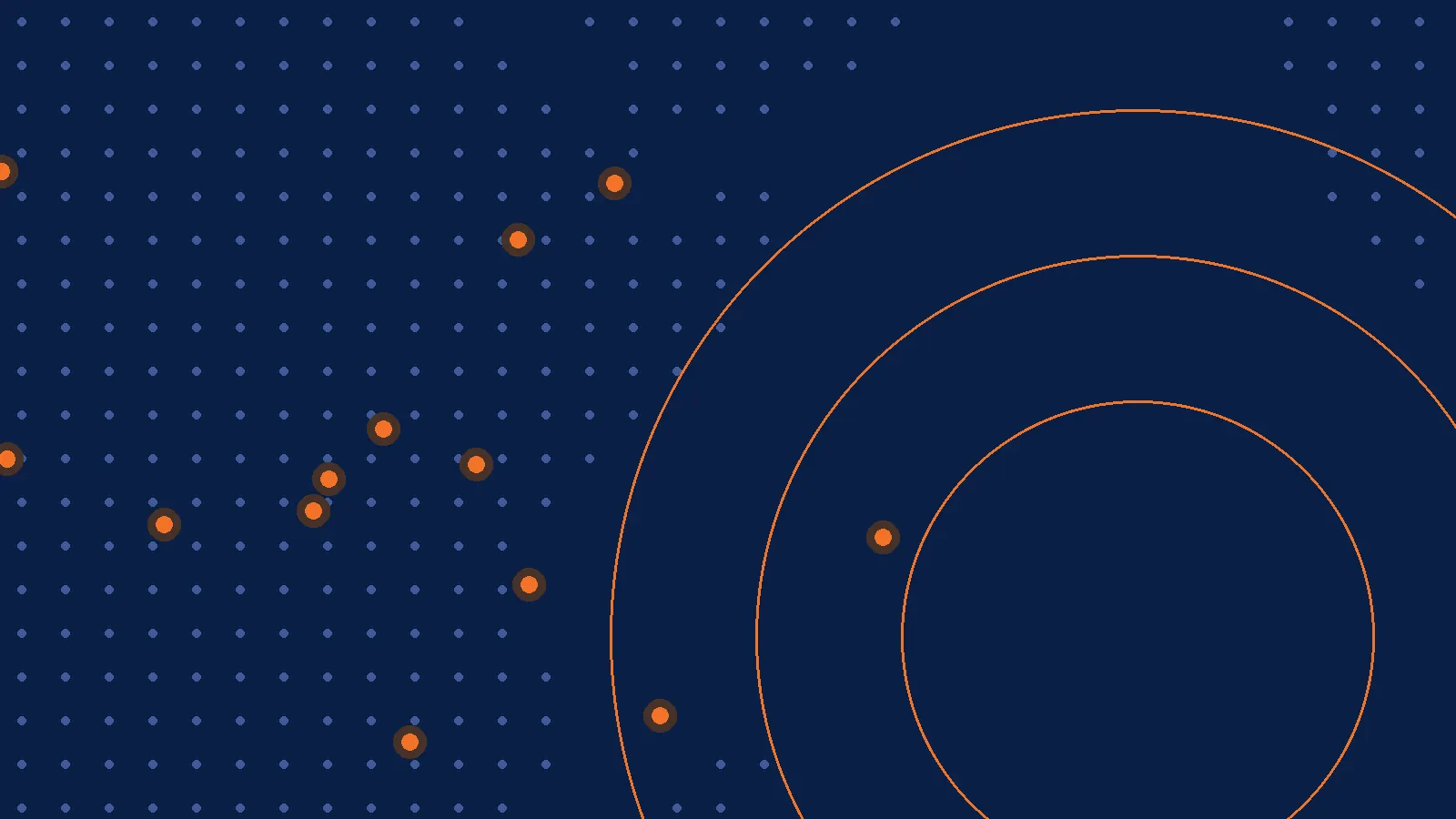 Carte en points de l’Afrique et de l’océan Indien avec des cercles concentriques orange