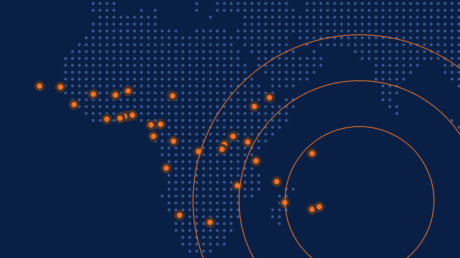 Carte en points de l’Afrique, de l’océan Indien et du Pacifique avec les territoires couverts en orange